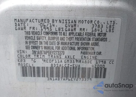 2014 Nissan Sentra S from USA, damaged, VIN 3N1AB7AP6EY273379